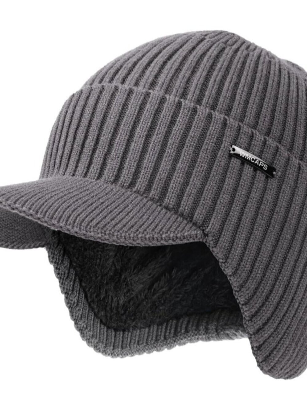Unisex Charcoal Gray Knit Beanie With Brim Ear Flaps Winter Classic Stocking Cap
